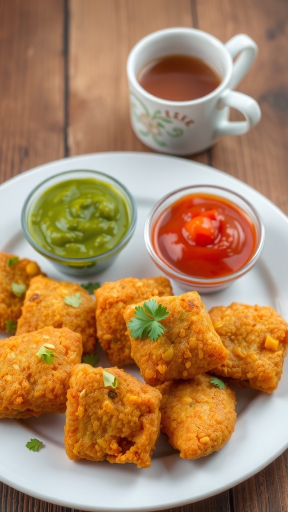 Crispy corn pakodas on a plate with chutney and ketchup, garnished with coriander.